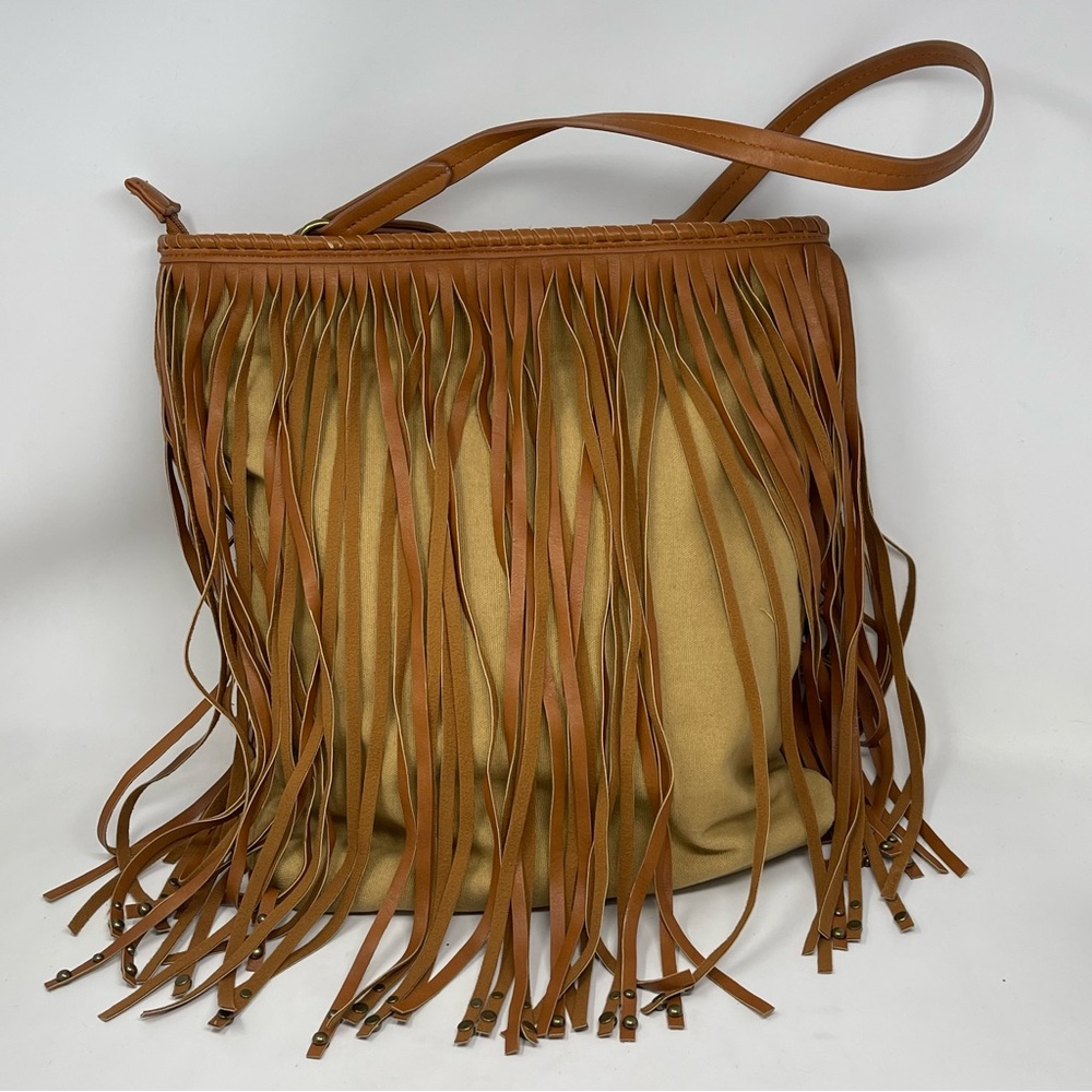 Charming Charlie Ryder Studded Fringe Purse Shoulder Bag Brown Canvas Boho - Picture 4 of 16